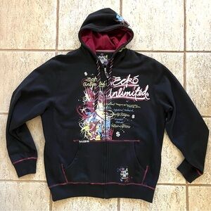 Ecko Unltd Hoodie Mens XL Black Full Zip Sweater Hip Hop Graffiti Skater Y2K